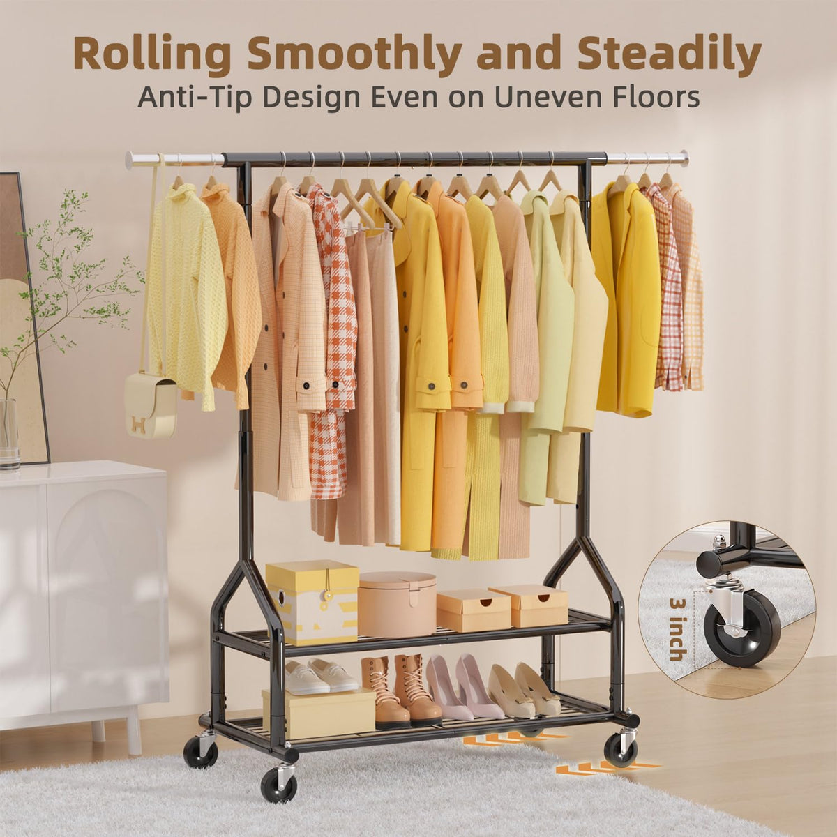 Sturdy 3-inch wheels with locking brakes on the EAGMAK rack