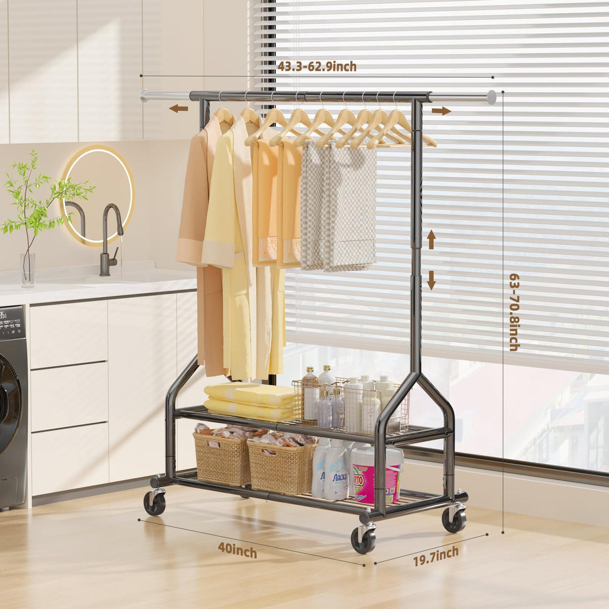 Extendable hanging rod on the EAGMAK rack for long gowns and daily outfits