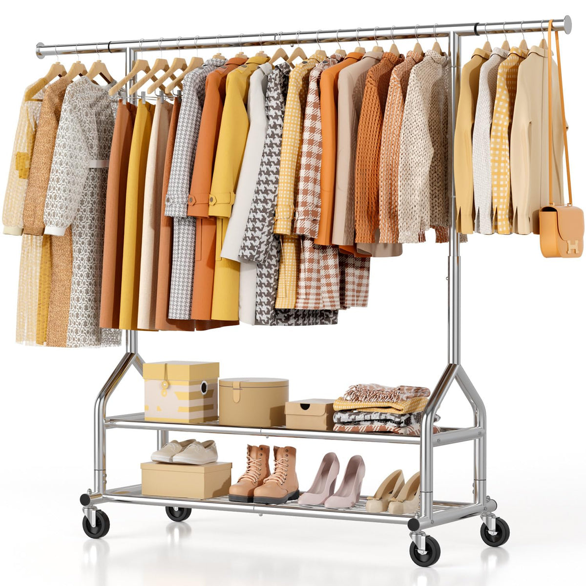 EAGMAK heavy-duty rack base and shelves provide stable storage for heavy garments.