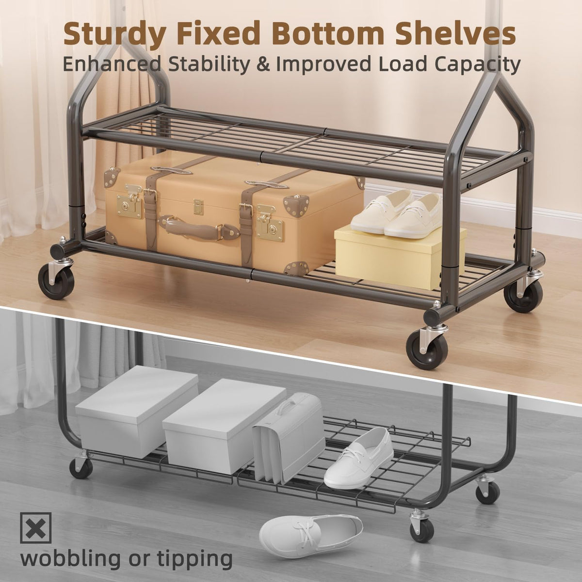 EAGMAK coat rack used in a bedroom setting for organized wardrobes