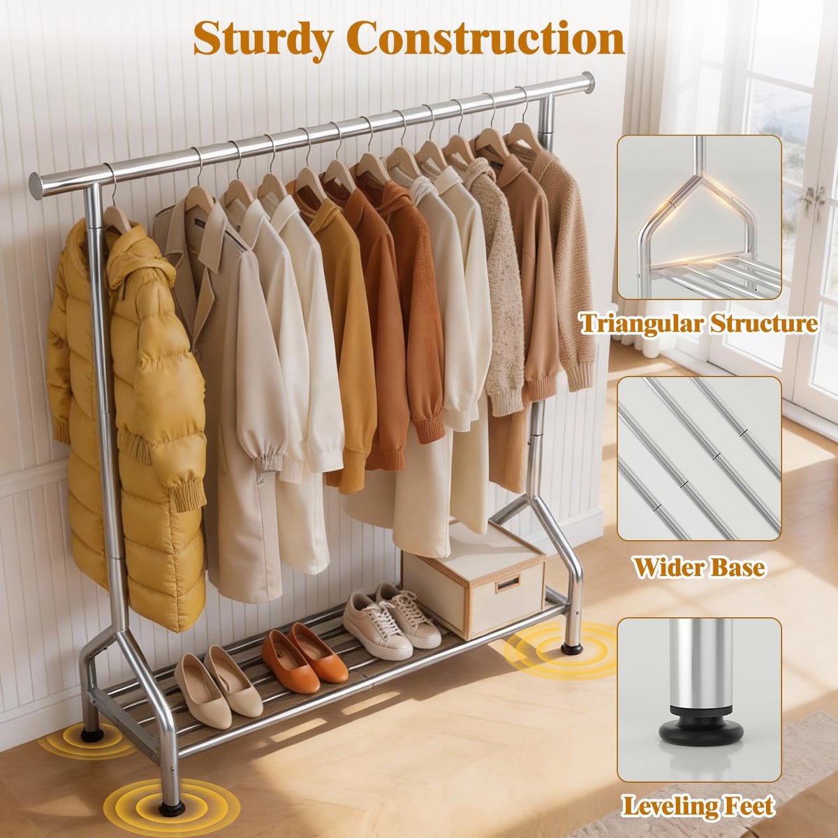 EAGMAK sturdy rack with bottom shelf ideal for seasonal wardrobe organization