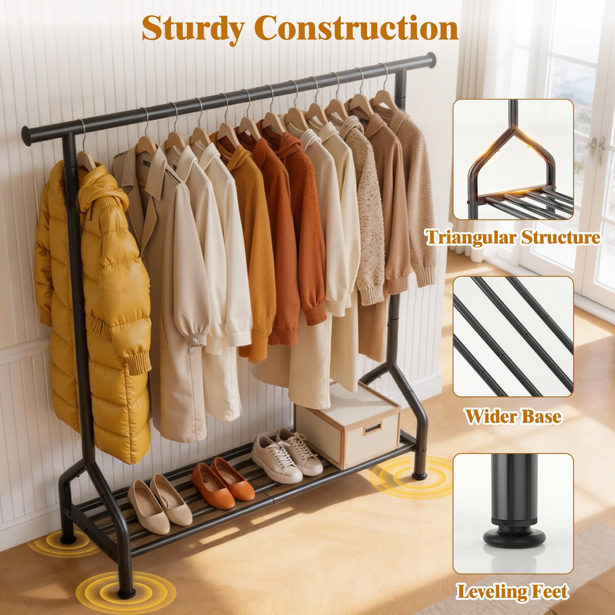 EAGMAK black clothes rack for small spaces showcases compact design and easy access.
