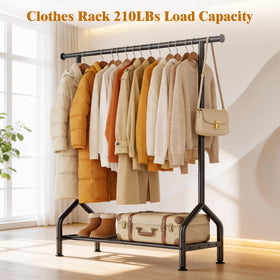 EAGMAK bottom shelf storage highlights shoes and bins alongside hanging garments.