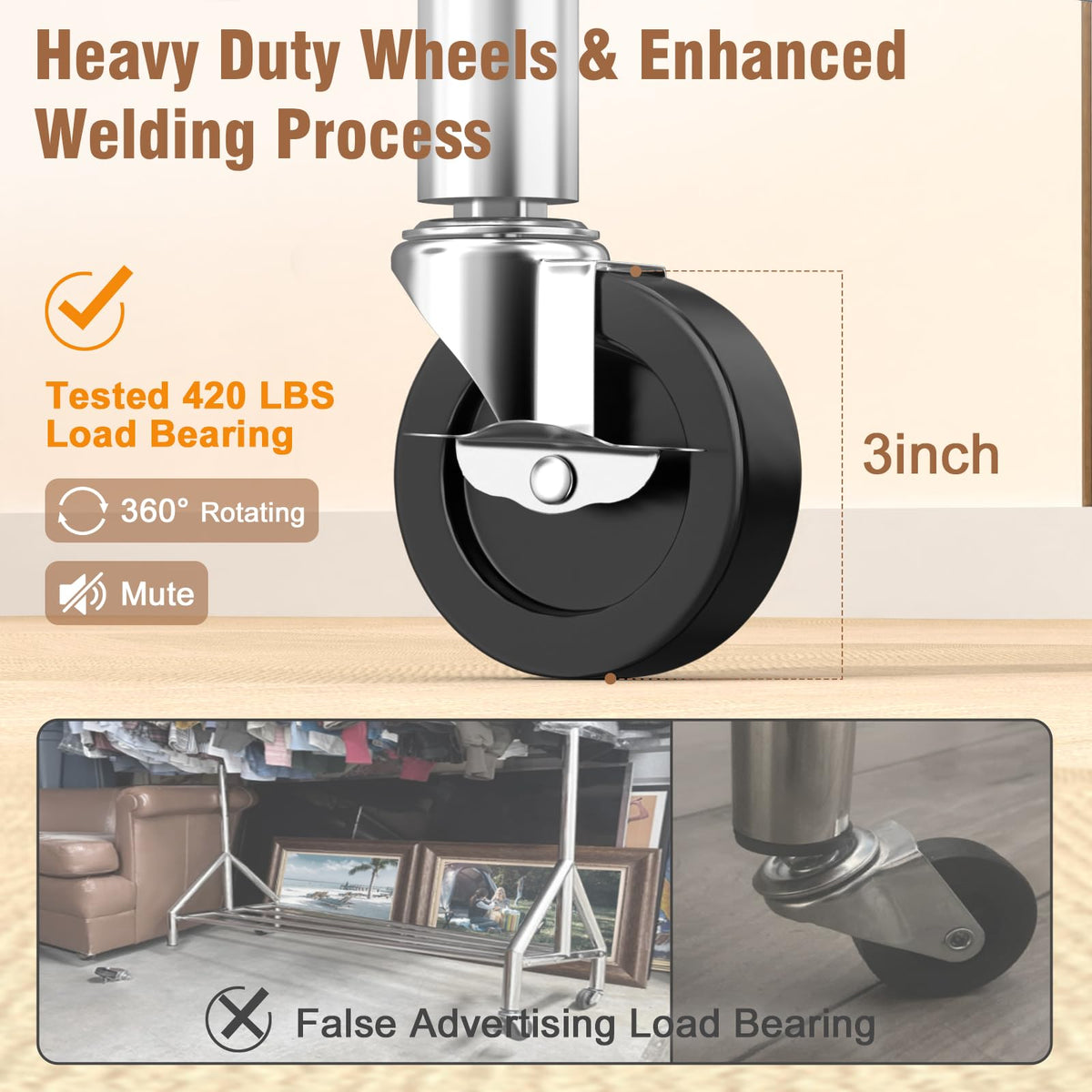 EAGMAK rack shows 360-degree wheel rotation and mobility.