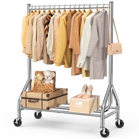 EAGMAK heavy-duty clothes rack with lockable wheels in a home entryway setup.