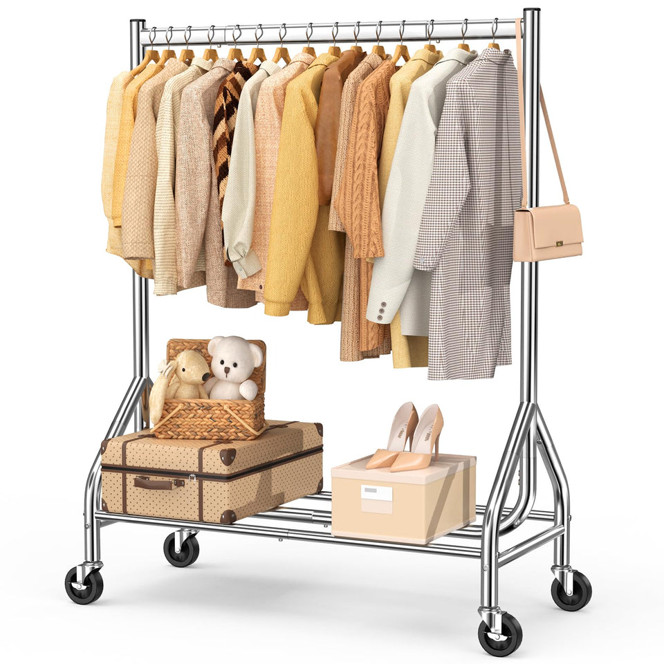 EAGMAK heavy-duty clothes rack with lockable wheels in a home entryway setup.