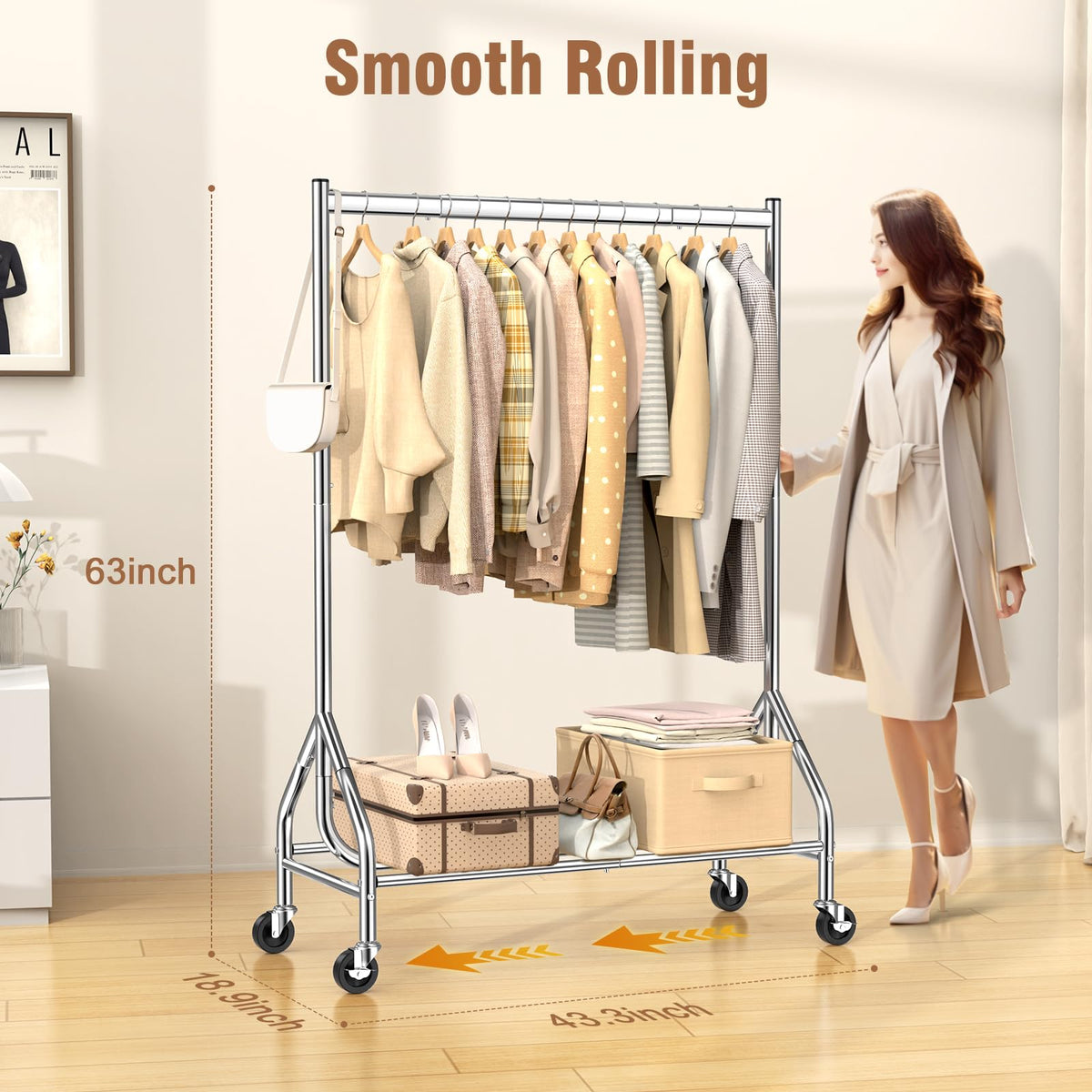 EAGMAK standing rack shown in a tidy room for clothes organization.