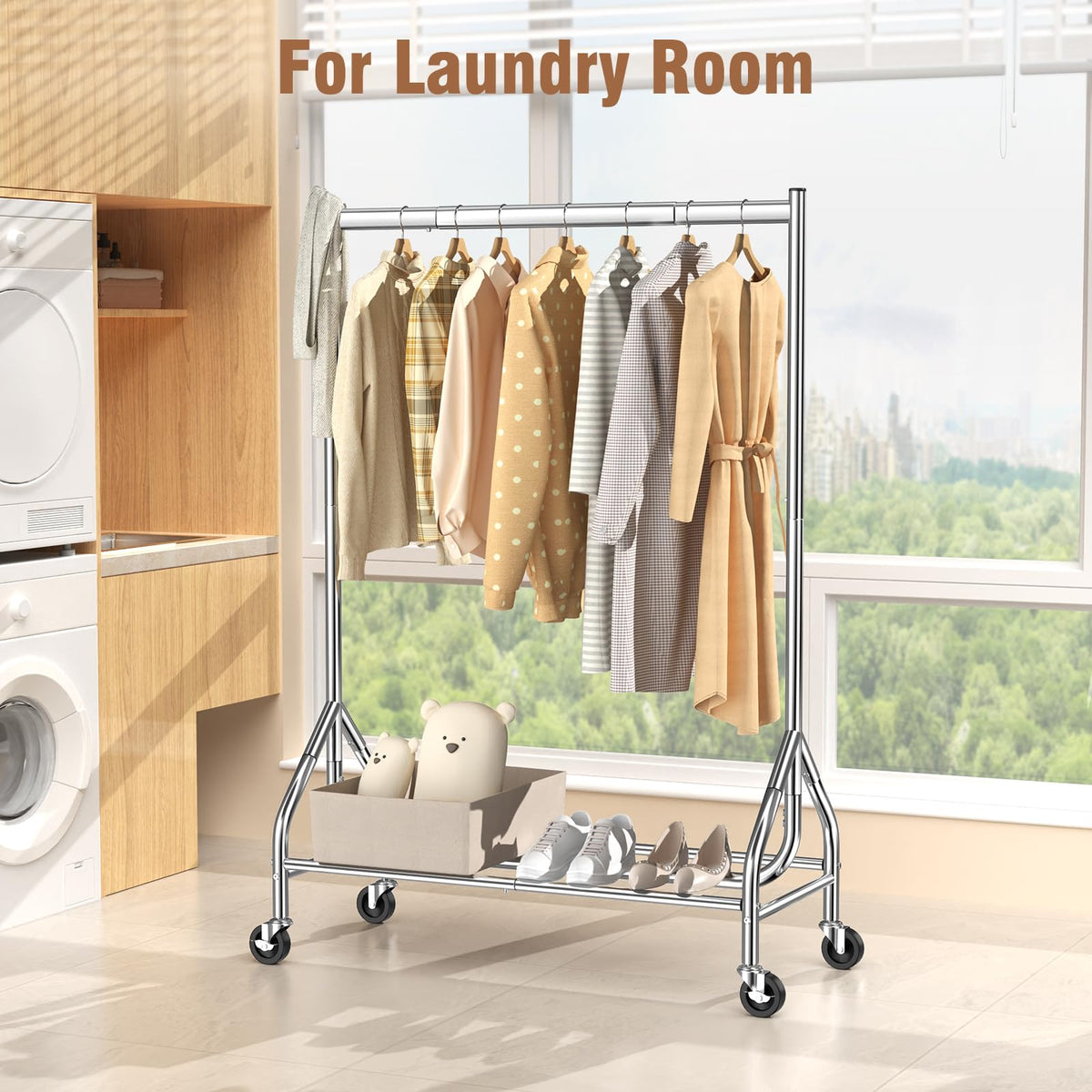 EAGMAK coat rack with two brakes stabilizing on hardwood floor.