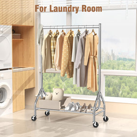 EAGMAK coat rack with two brakes stabilizing on hardwood floor.