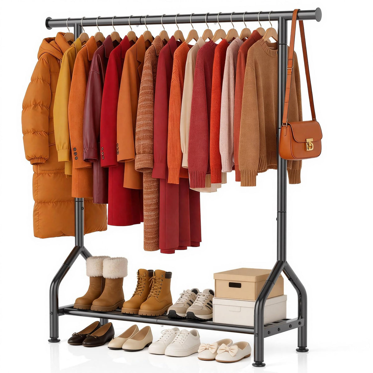 EAGMAK sturdy clothes rack with shelf showing hanging garments and bottom storage for shoes.