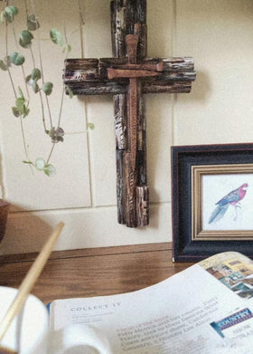 Back of Eagrafts wall cross with metal hanger for easy mounting