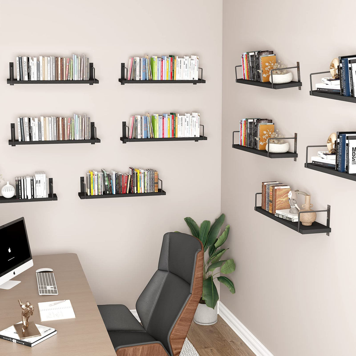 EALLRINEC black brackets with shelves provide sturdy mounting for shelves.