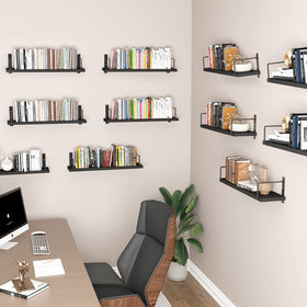 EALLRINEC black brackets with shelves provide sturdy mounting for shelves.
