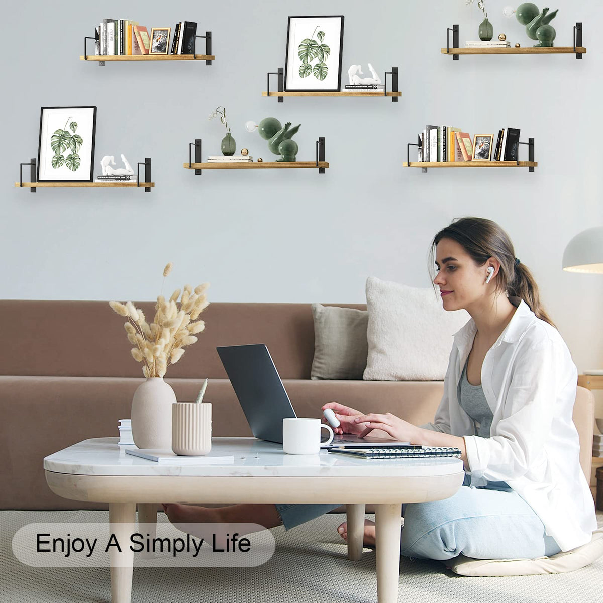 EALLRINEC wood-texture floating shelves showcasing natural grain for decor.