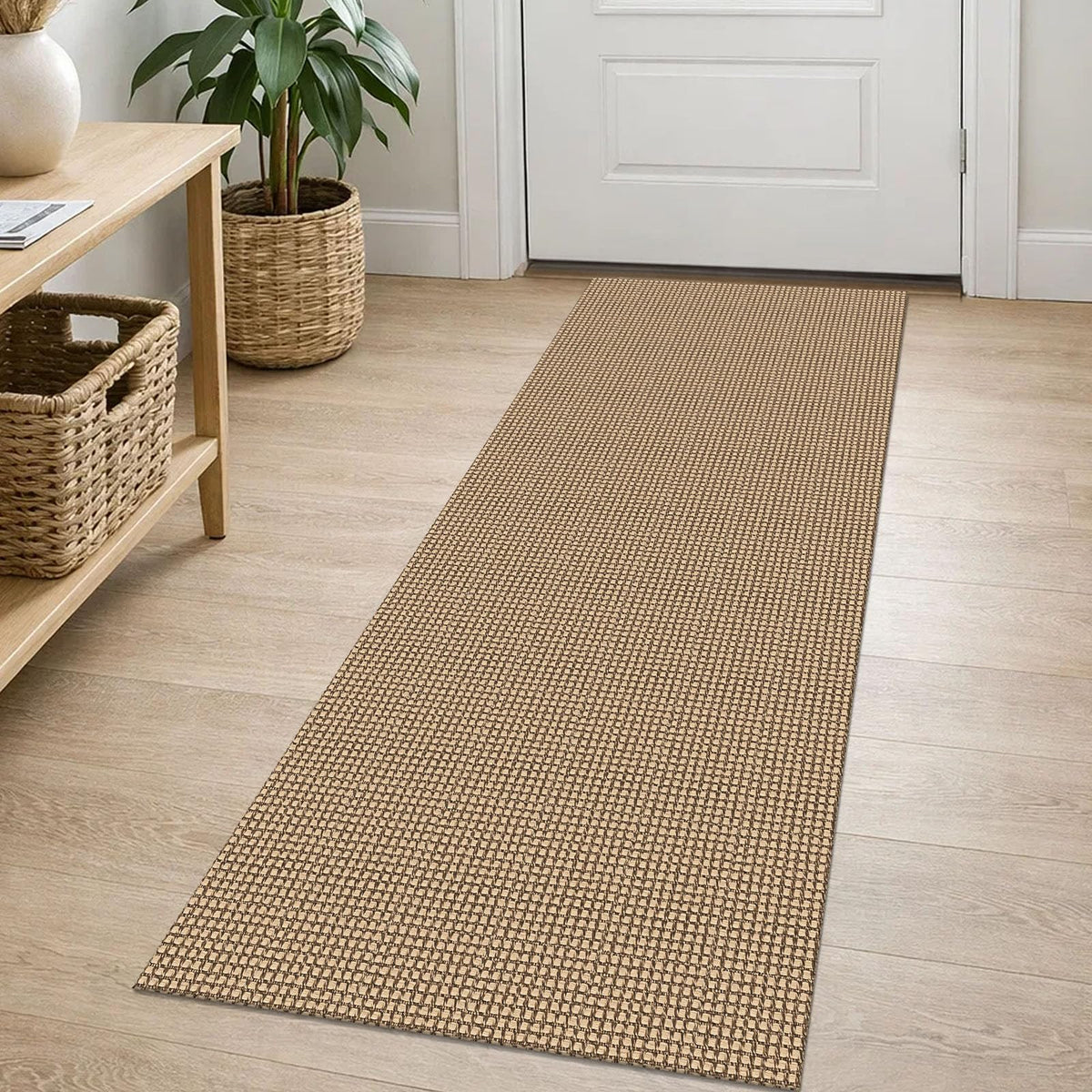 Earthall woven runner rug 2x5 in orange-tan-brown adds warmth to hallways.