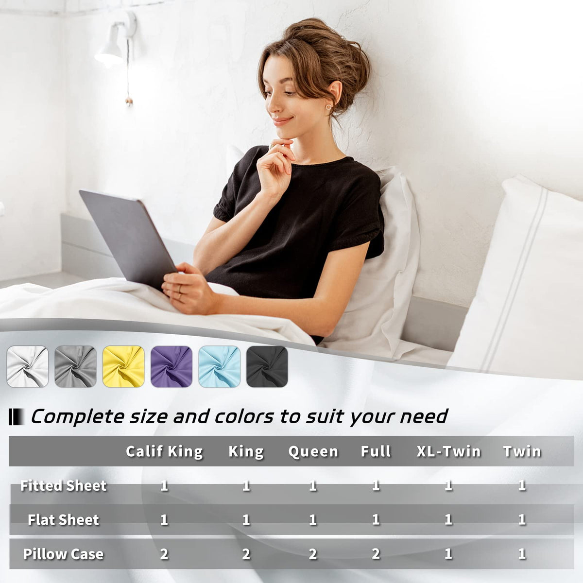 EaseHome beige fitted sheet illustrates 18-inch pocket compatibility for secure fit.
