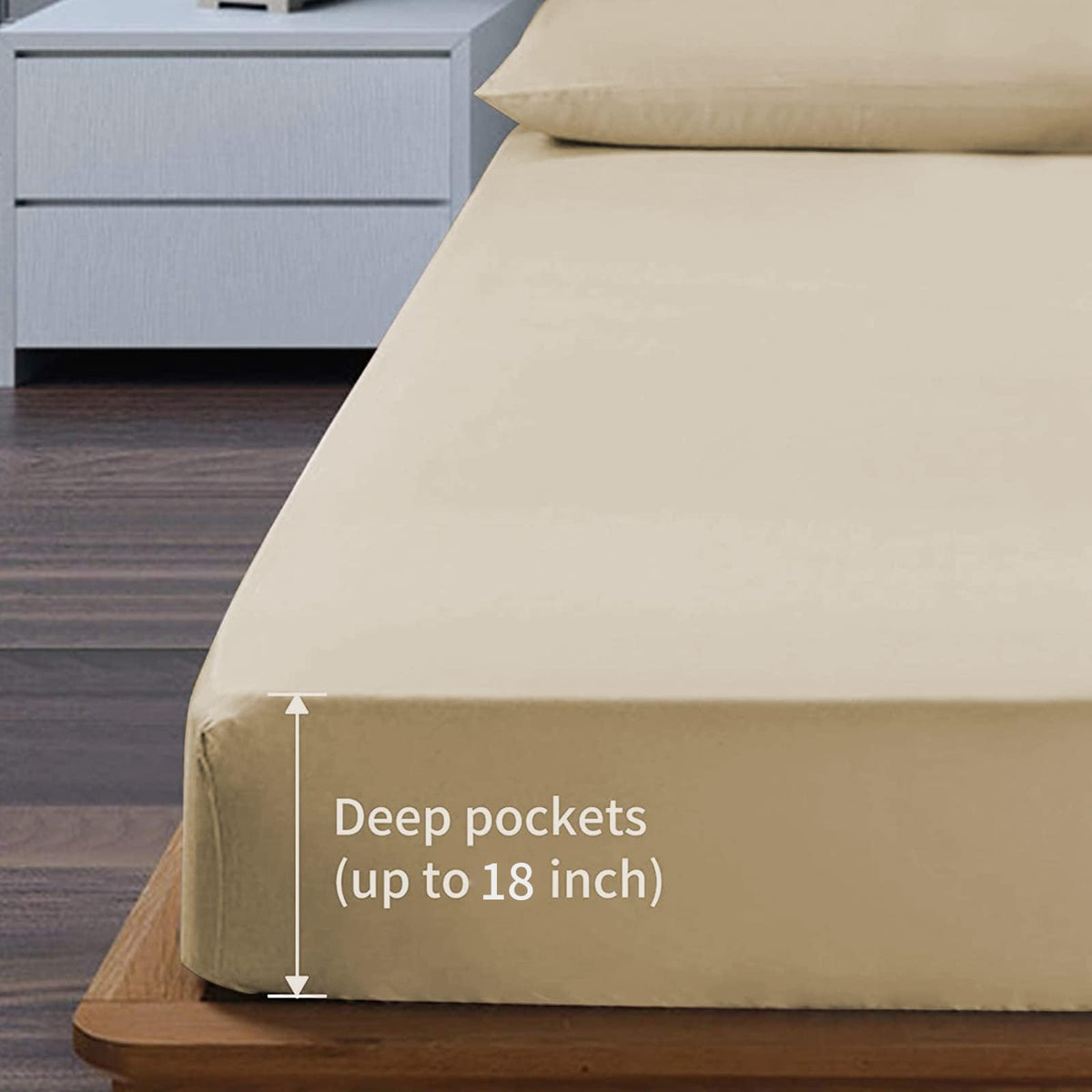 EaseHome beige flat sheet showing generous size for smooth, tidy sheets.