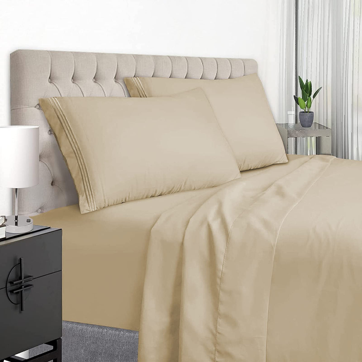 EaseHome beige full sheet set with deep pockets fits 18-inch mattresses securely.