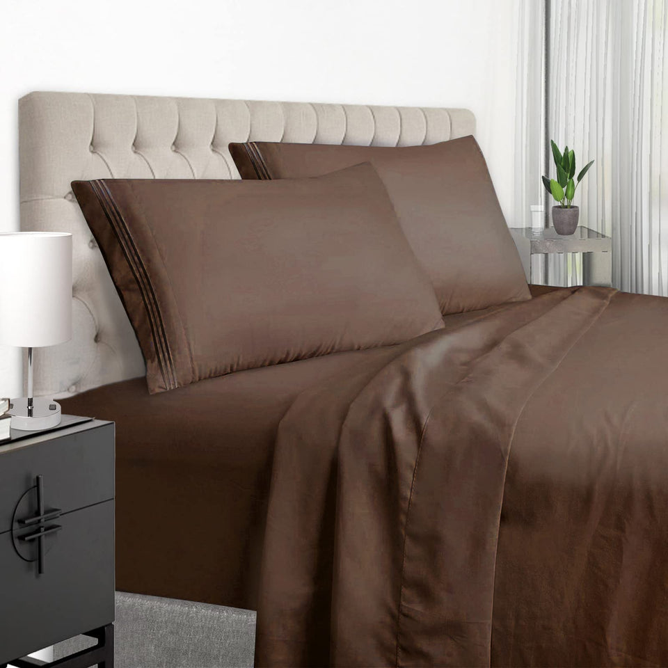 EaseHome brown queen sheets folded on bed show inviting softness and setup readiness.