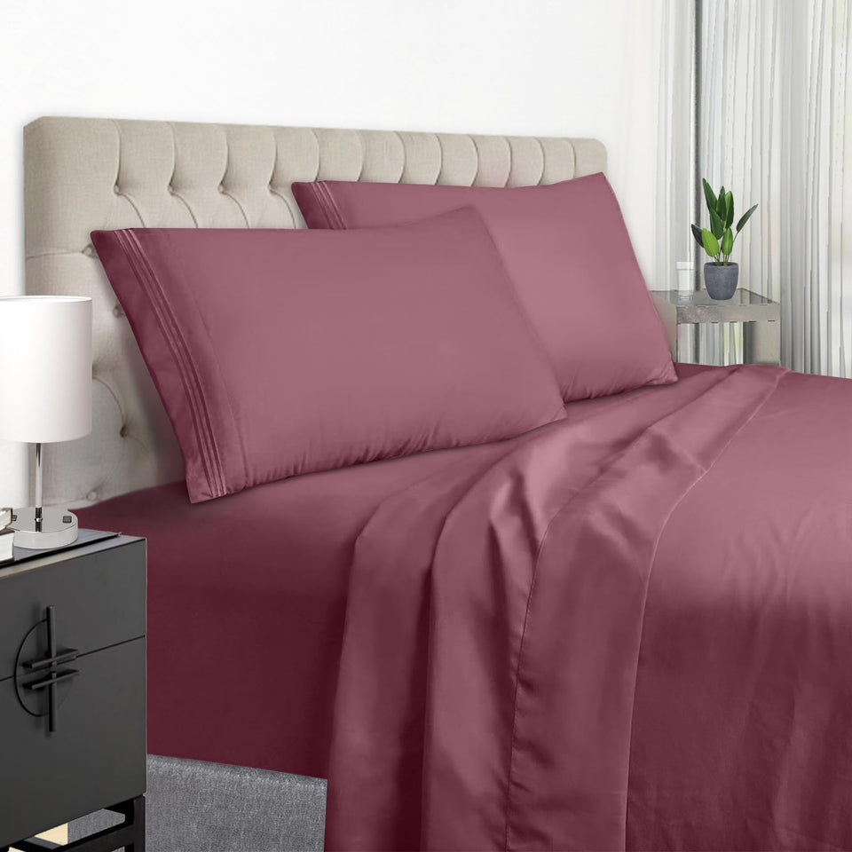 EaseHome Burgundy full-size flat sheet close-up showing soft microfiber for luxurious sleep