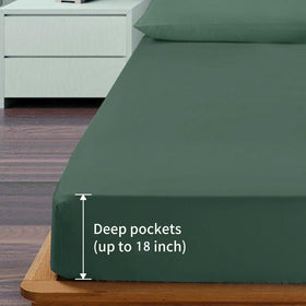 EaseHome dark green fitted sheet shows secure fit for up to 18-inch mattresses.