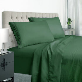 EaseHome dark green flat sheet sits smoothly on a bed with soft, breathable microfiber.