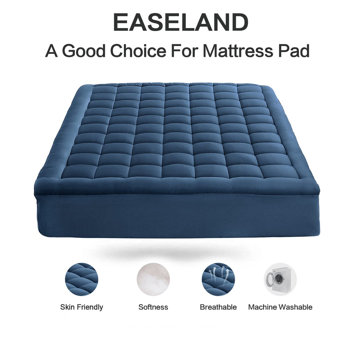 EASELAND Queen Mattress Pad deep pocket up to 21 inches delivers secure, wrinkle-free fit.
