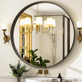 Side view of Easly 24-inch round mirror highlighting slim profile and black frame.