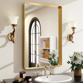 Easly 30x22 gold aluminum frame mirror enhances wall decor with luxe appeal