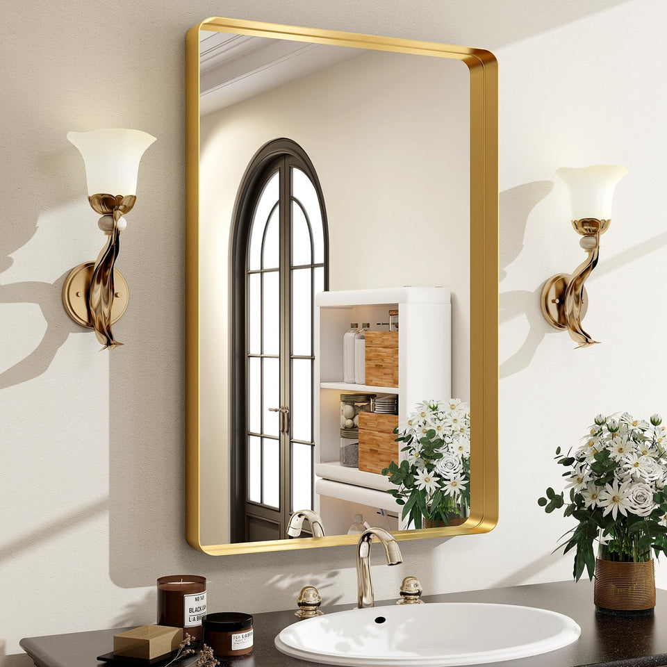 Easly 30x22 gold aluminum frame mirror enhances wall decor with luxe appeal