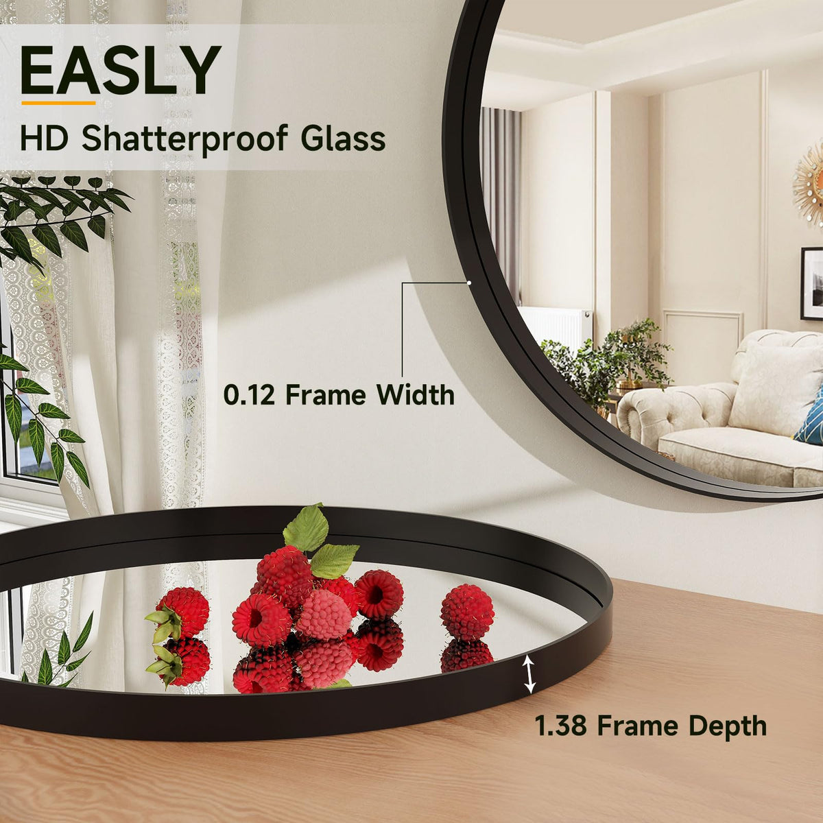 Easly 24-inch round mirror above a bedroom console for elegant decor.