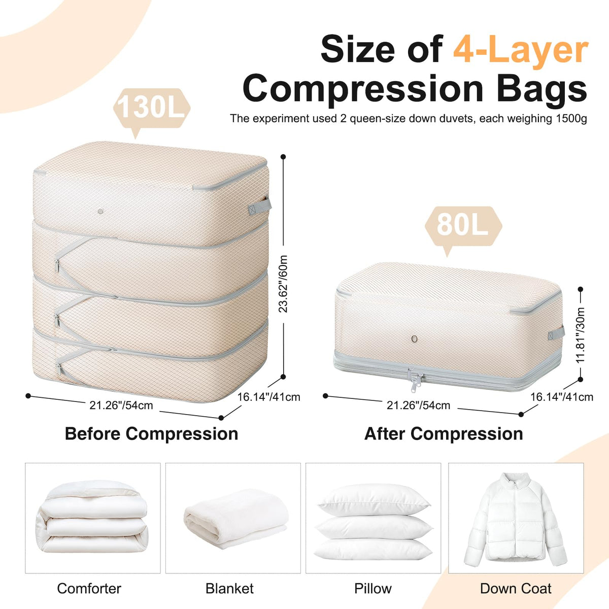 Easortm 130L compression bag—washable nylon protects bedding from dust and moisture.