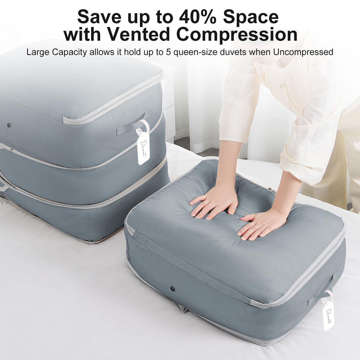 Dual reinforced handles provide easy access for horizontal or vertical storage.