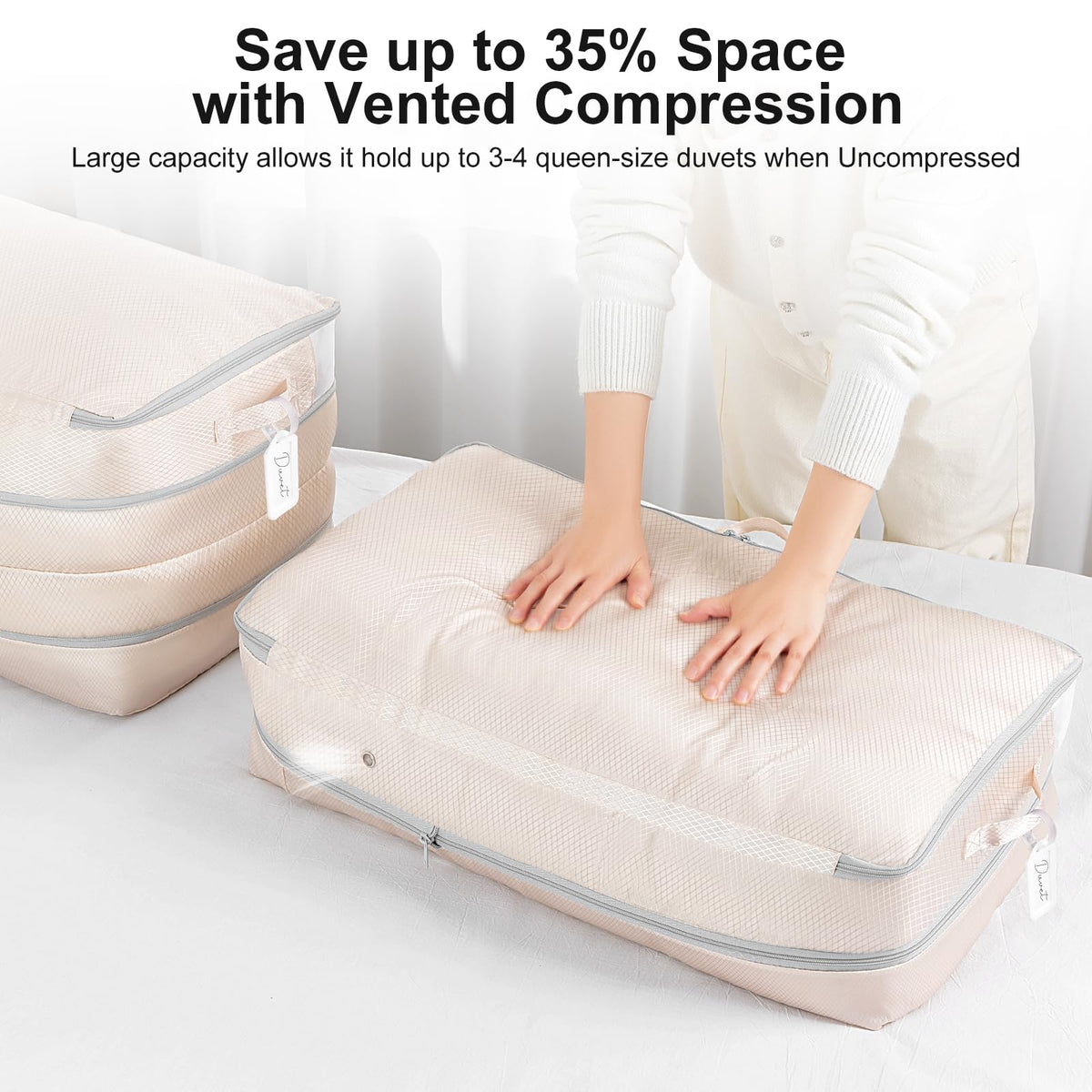 Easortm Comforter Storage Bag dual handles enable easy access from shelves.