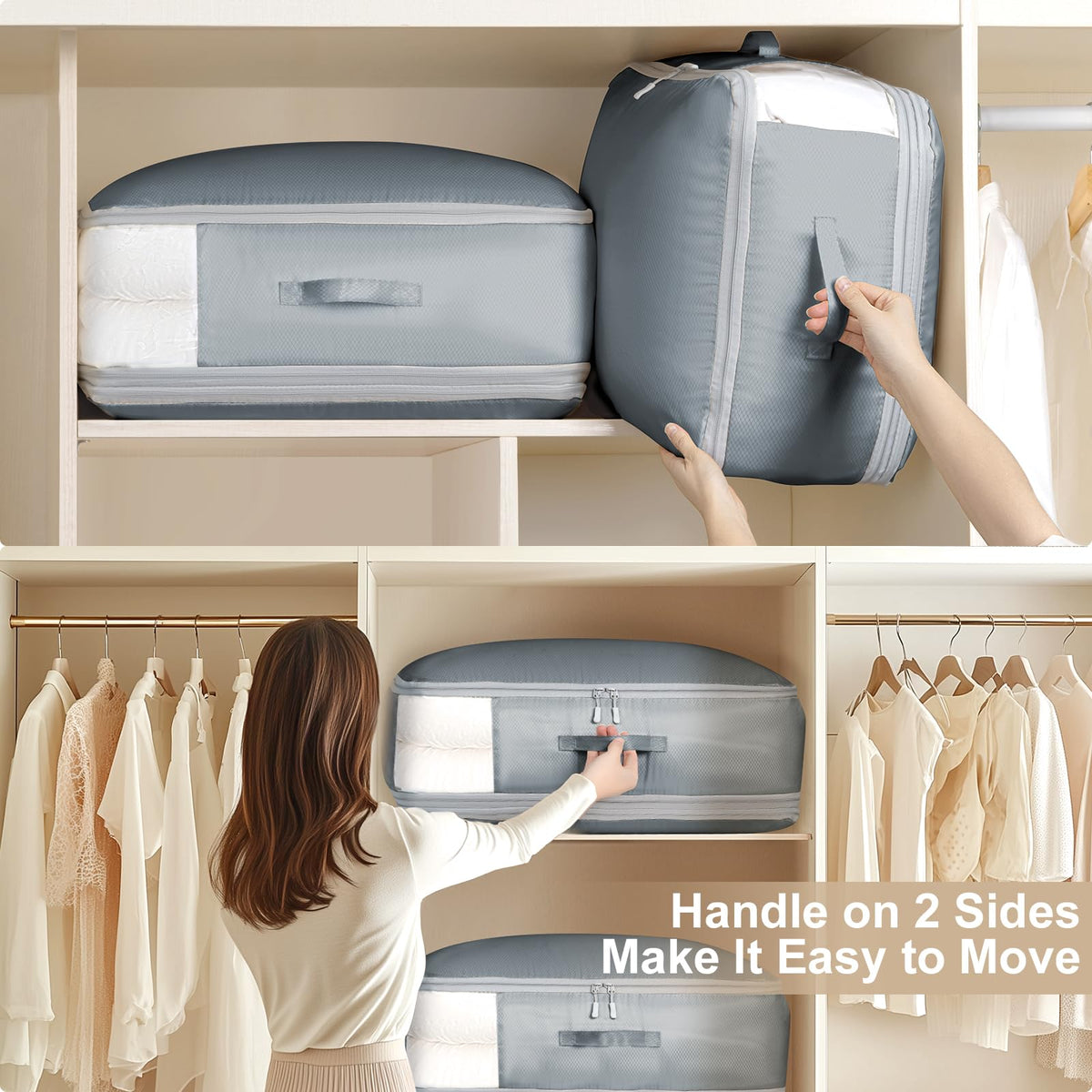 Large capacity holds up to five queen-size comforters uncompressed.