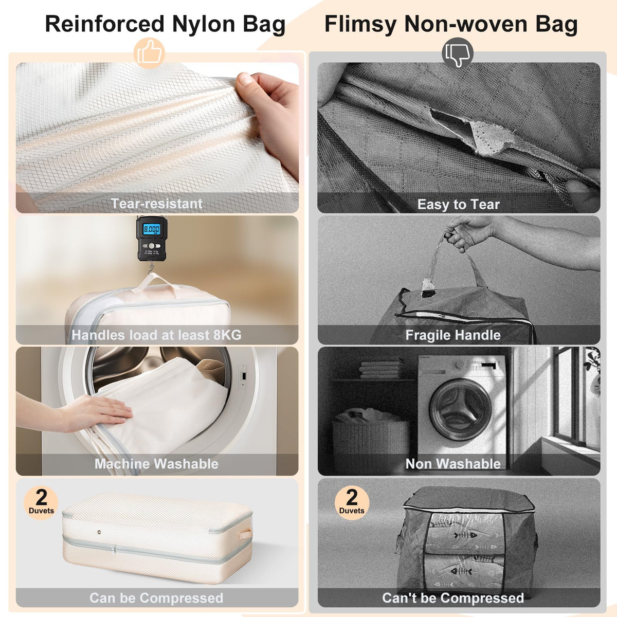 Easortm Comforter Storage Bag vent and zip compression for compact storage.