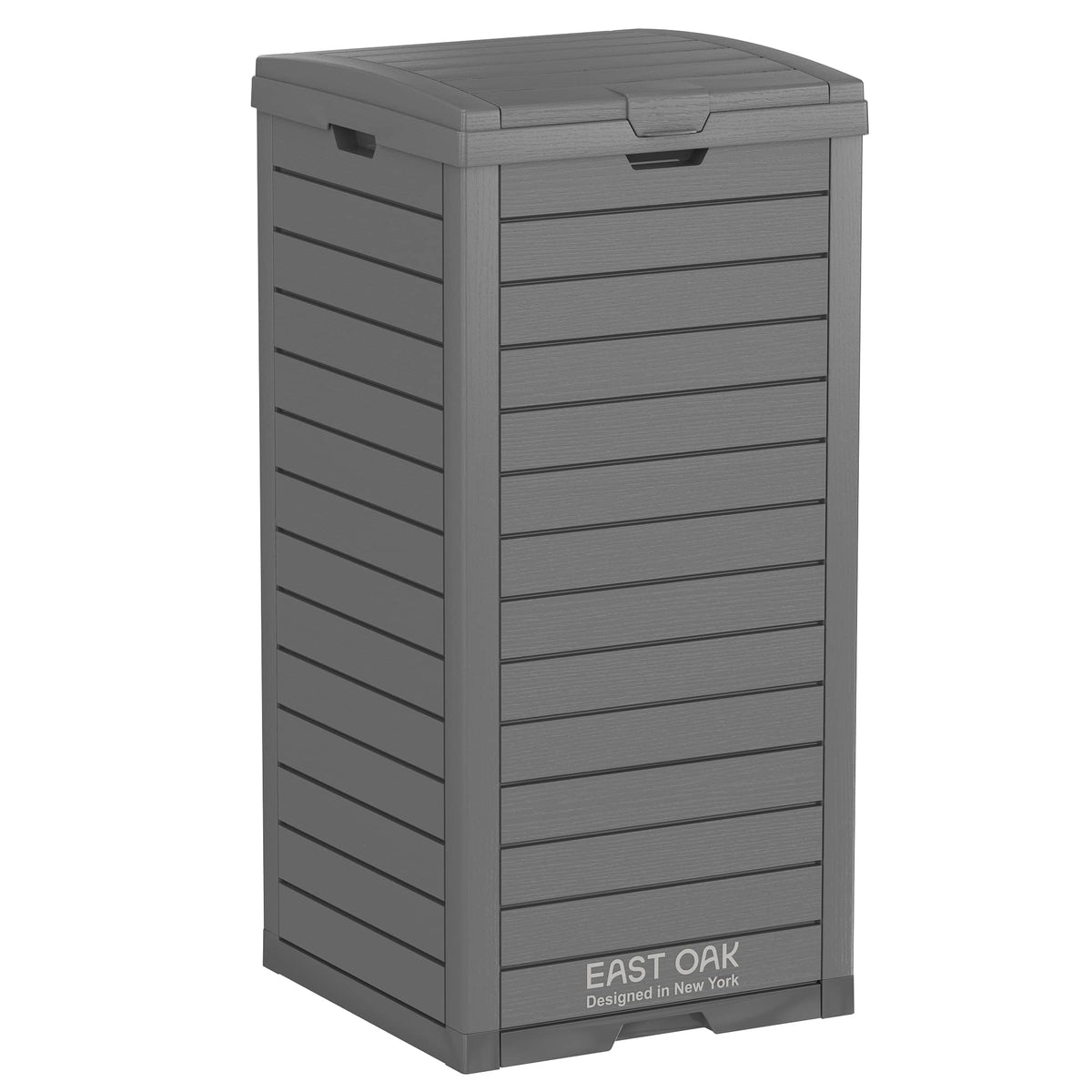EAST OAK 38-gallon outdoor trash can front view highlighting rugged resin construction for outdoor use.