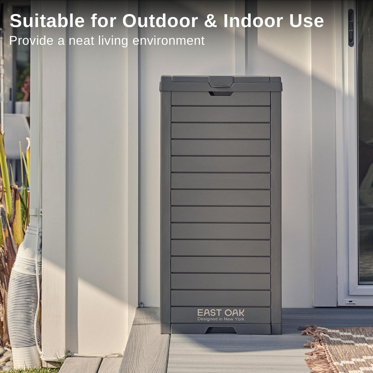 EAST OAK outdoor trash bin in patio use demonstrates practical 38-gallon capacity.
