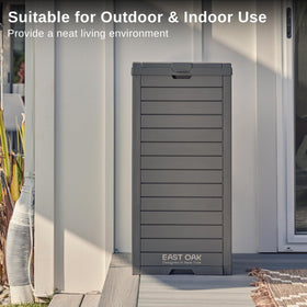 EAST OAK outdoor trash bin in patio use demonstrates practical 38-gallon capacity.