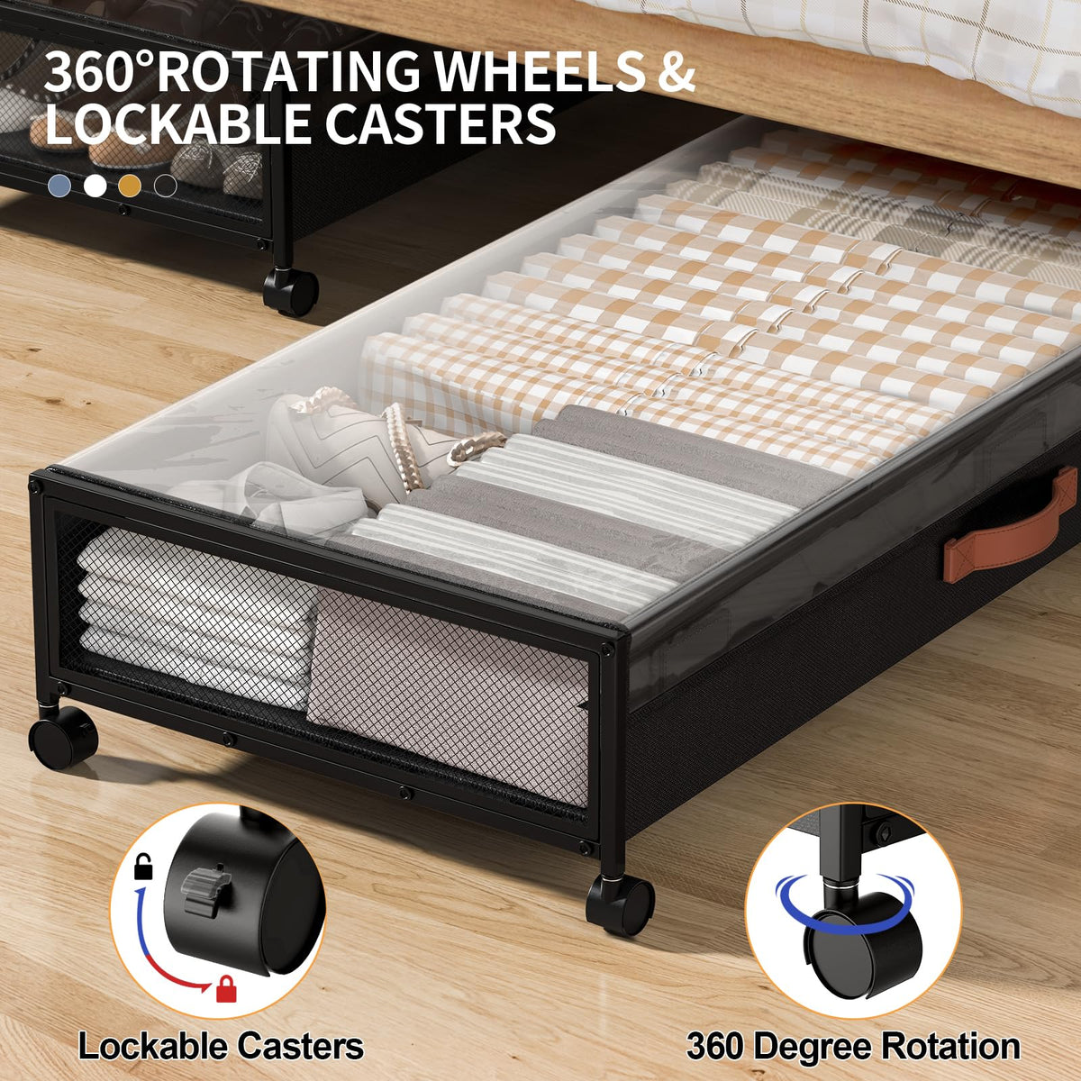 Eastherry under-bed storage with 360-degree wheels offers smooth, easy access.