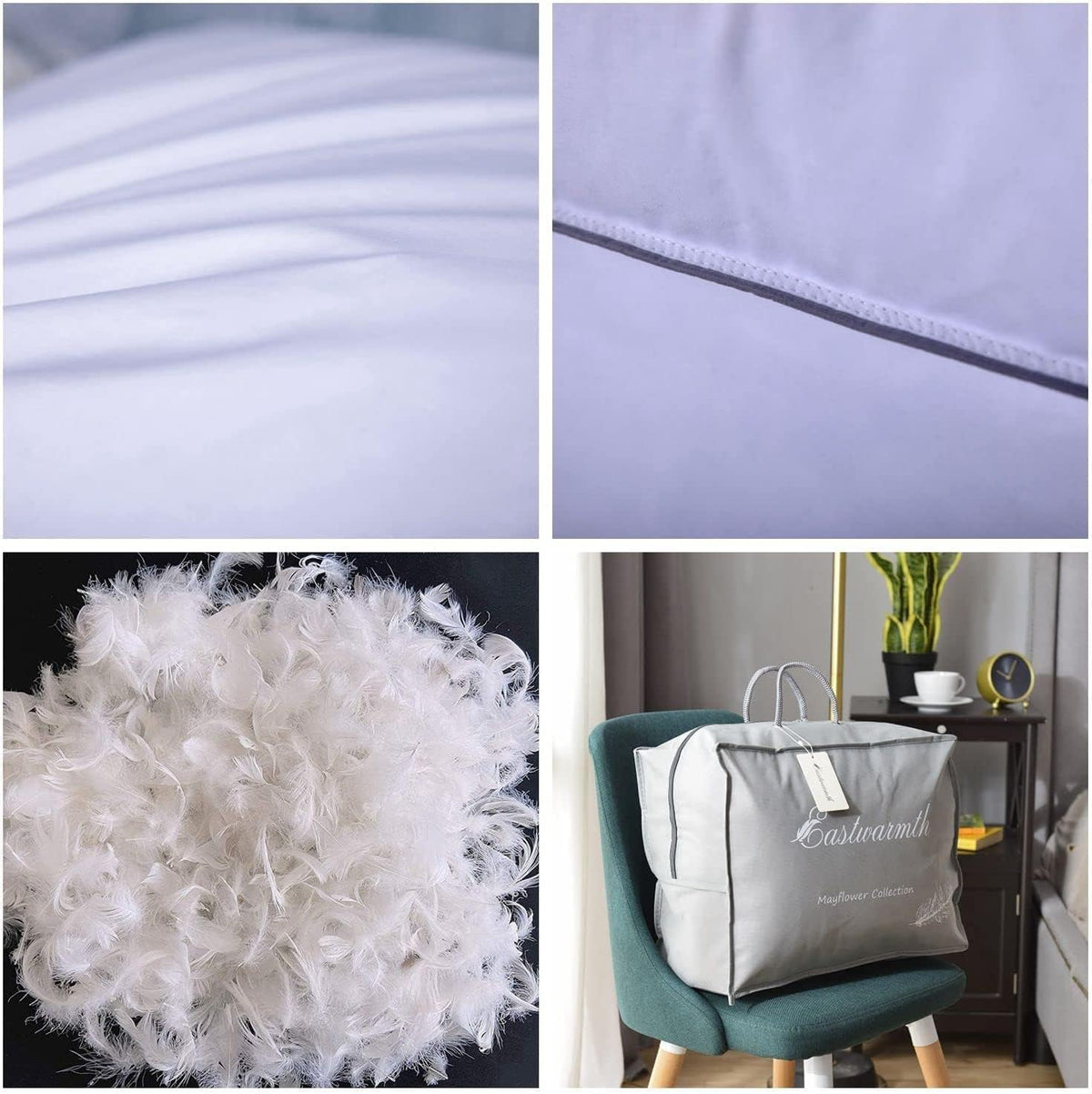 Eastwarmth pillow filling consists of grey goose down and grey feather for breathable comfort.