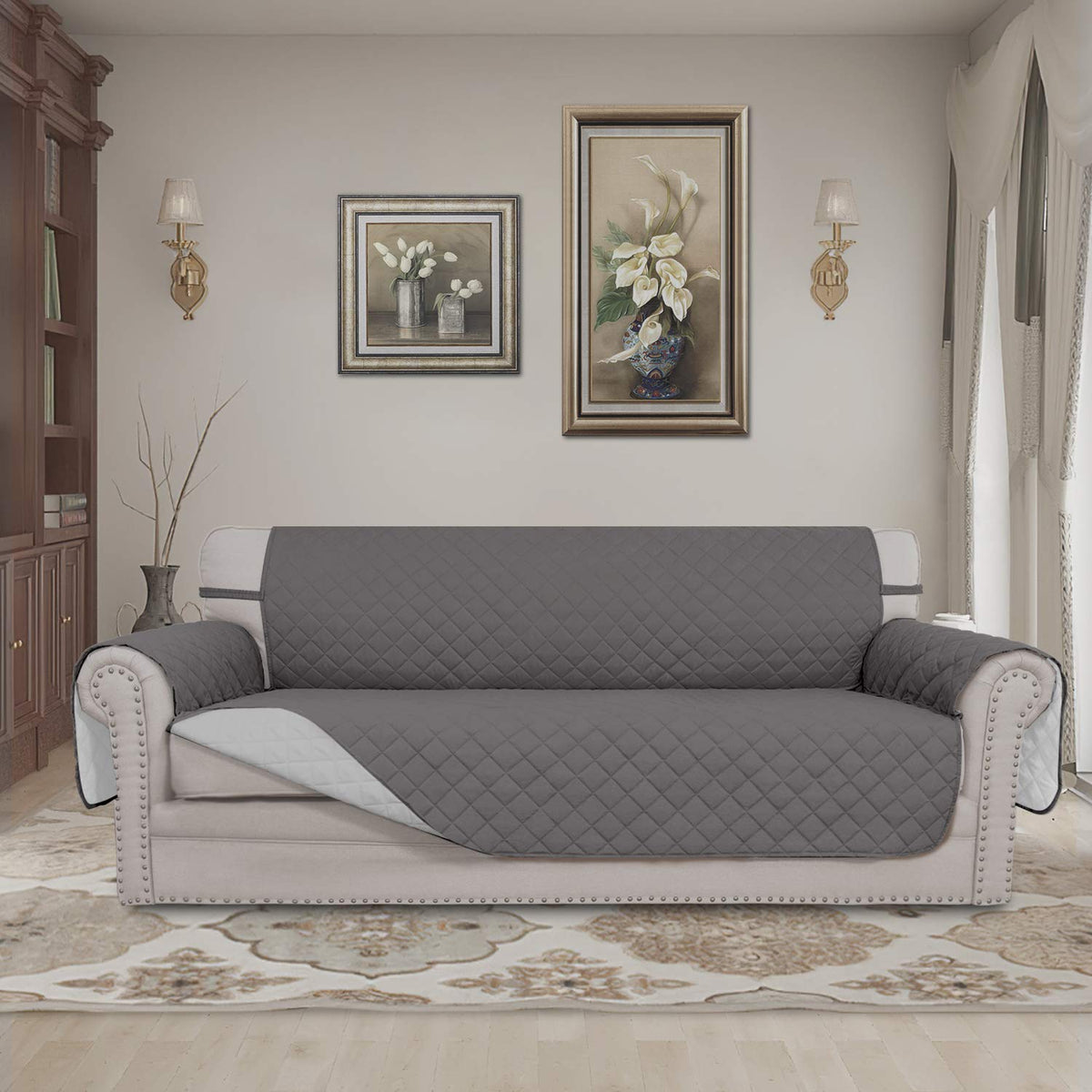 Easy-Going 4 Seater Sofa Slipcover in light gray offers a reversible color option.