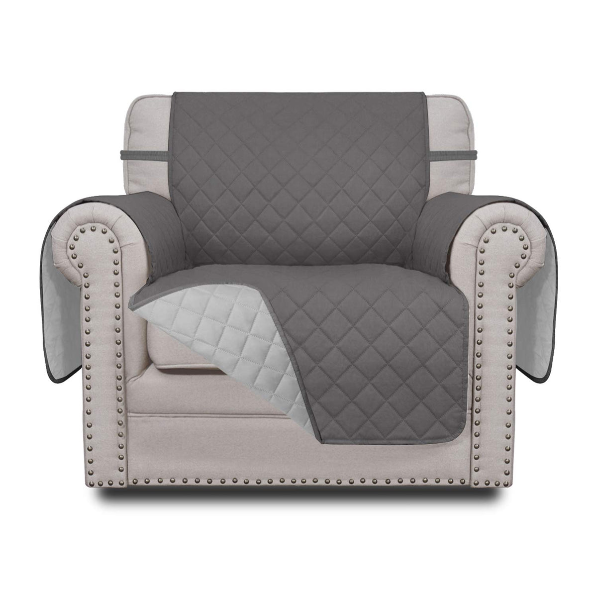 Easy-Going chair slipcover draped on a chair for a neutral gray look and protection