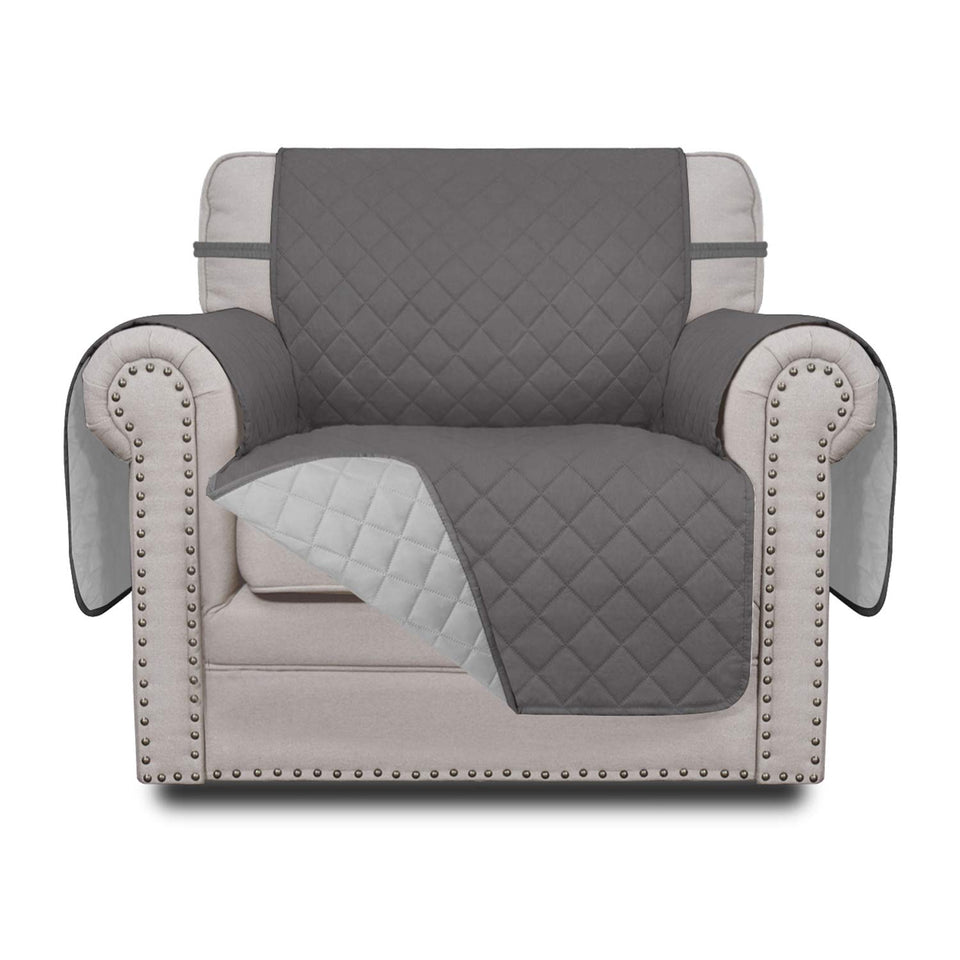 Easy-Going chair slipcover draped on a chair for a neutral gray look and protection