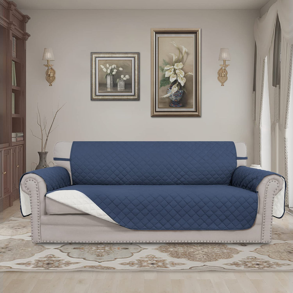 Easy-Going couch cover on sofa during pet play protects from spills.