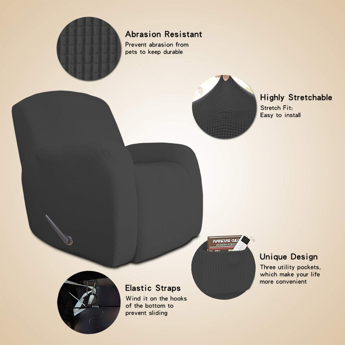 Easy-Going elastic bottom design ensures secure fit on oversized recliners.