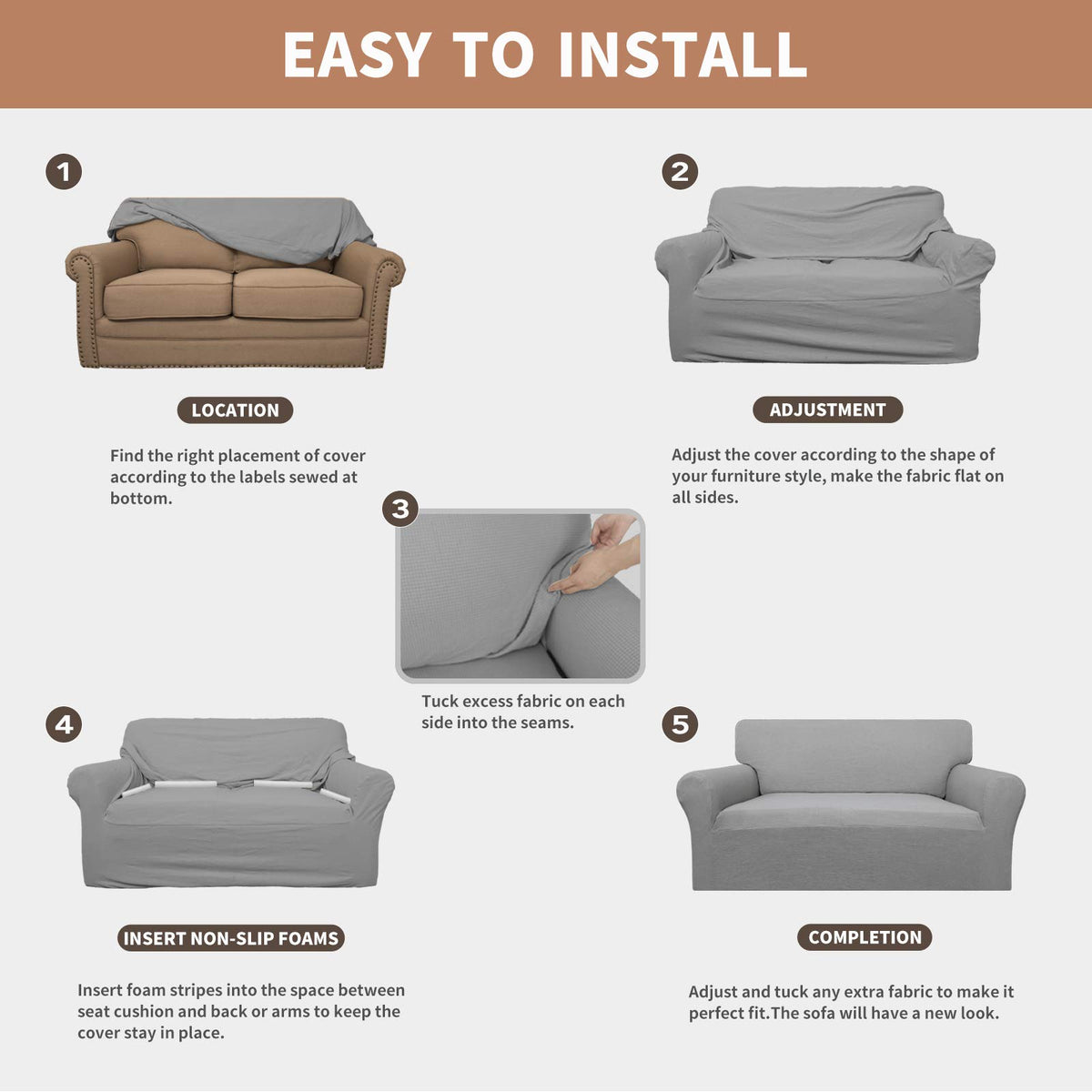 Easy-Going installation guide shows quick, snug fit with tuck-in details.