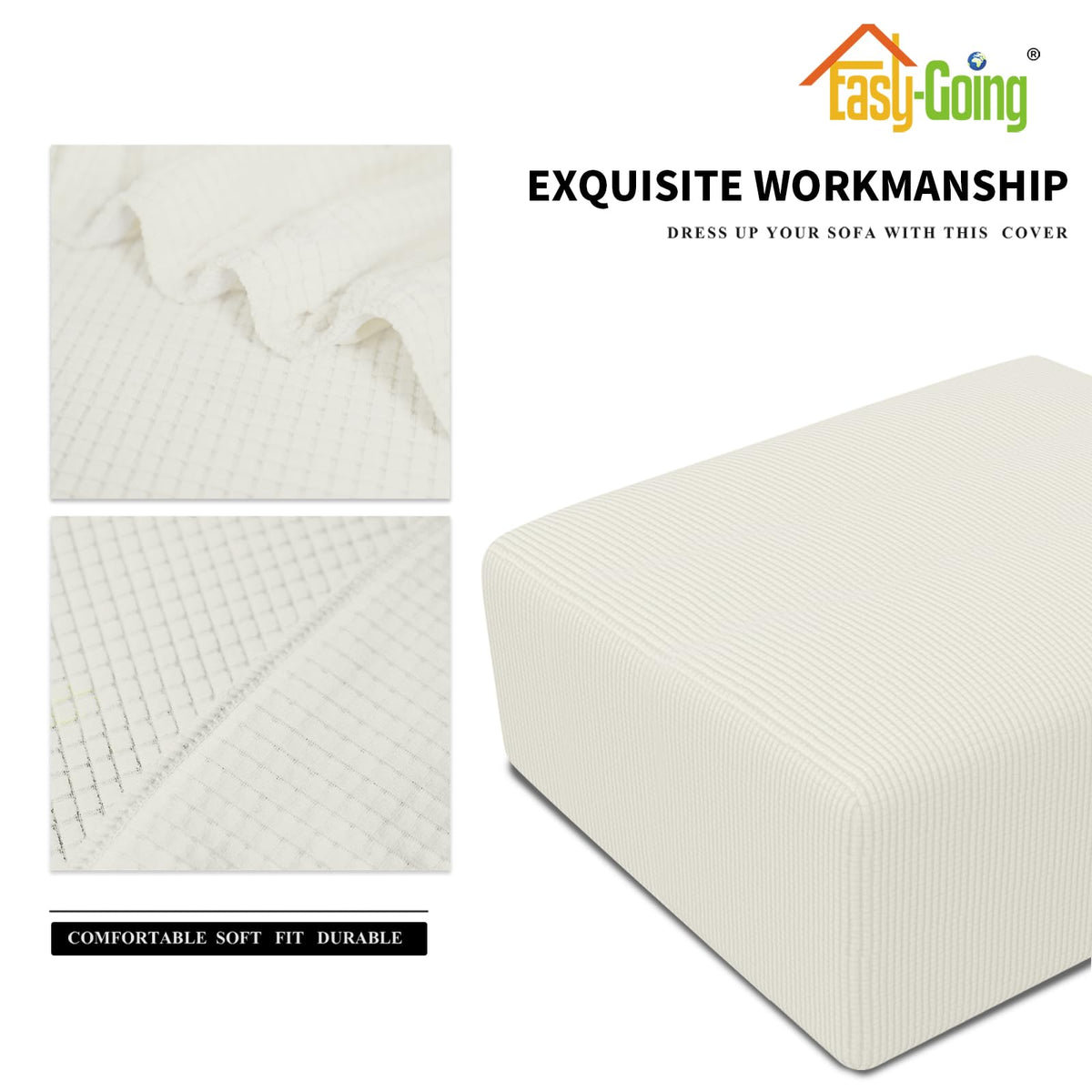 Easy-Going ottoman cover installation guide shows quick, tool-free fitting.