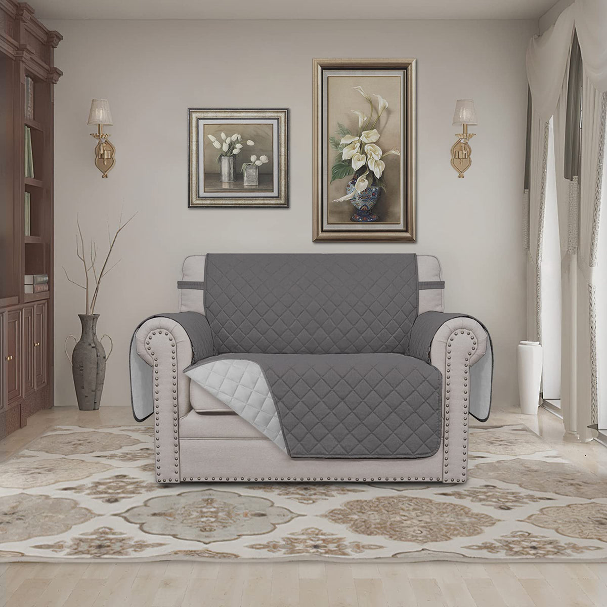 Easy-Going oversized chair slipcover gray on chair demonstrates protective cover