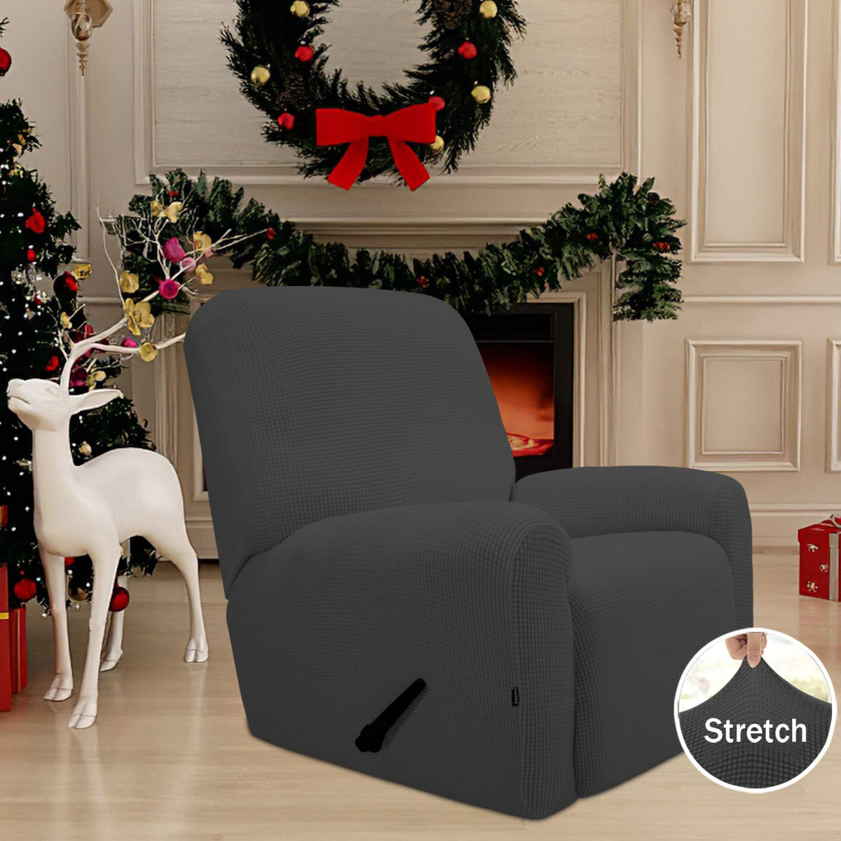 Easy-Going recliner slipcover side view demonstrates flexible stretch and a secure fit
